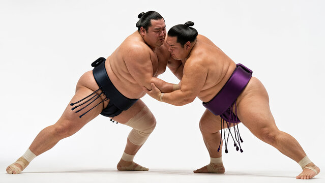 Two professional sumo wrestlers in traditional loincloth engaging in intense grappling match on white background studio portrait