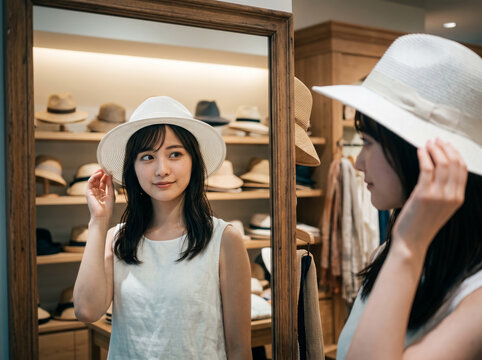 ブティックの鏡の前で白い麦わら帽子を試着する笑顔の女性