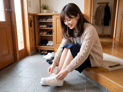 玄関で靴紐を結びお出かけの準備をする笑顔の女性