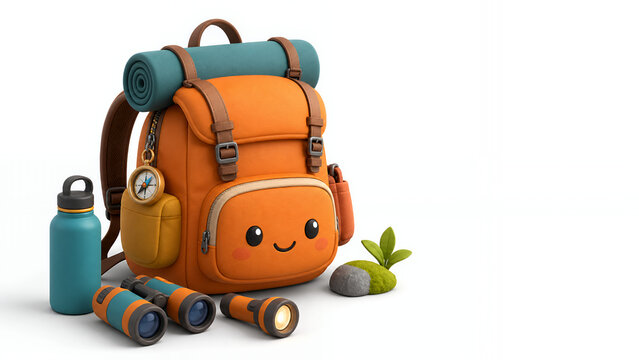 Cute 3D cartoon hiking backpack adventure kit isolated on white