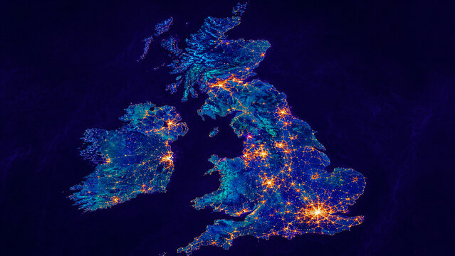 Glowing Map of the United Kingdom and Ireland &mdash; vibrant thermal-style geography with illuminated cities, fiery orange land and deep blue surrounding seas.
