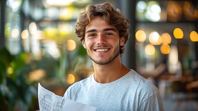 Happy young man holding blueprints in cafe