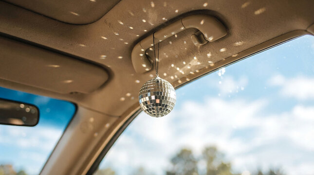 Disco Ball Car Interior A shiny disco ball hangs from the ceiling of a car interior reflecting light onto the roof and creating a festive atmosphere Outside