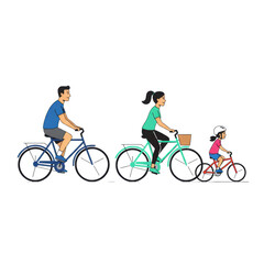 Naklejka premium A joyful family, father, mother, and daughter, in vibrant athletic wear, ride bicycles side-profile against a transparent background, minimalist vector art depicting a healthy, active family lifestyle