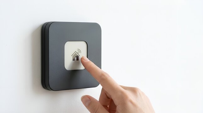 Finger pressing smart home button with house icon