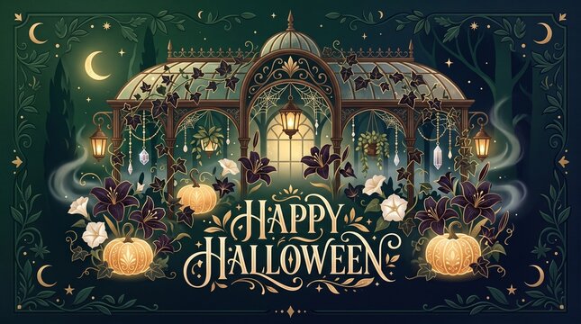 Magical Victorian greenhouse decorated for Halloween with glowing pumpkins and spooky night ambiance