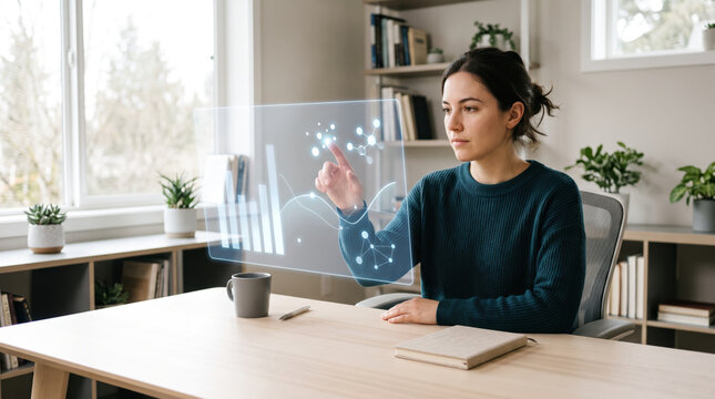 Woman interacting with a futuristic holographic data interface screen at a home office desk. Future of work, data analysis, and AI technology concept.
