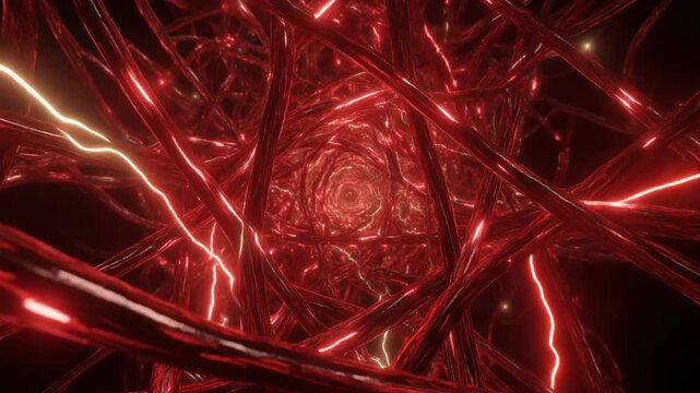 Cinematic 3D scene of a complex crimson fiber network with intertwined energy strands. Brigh