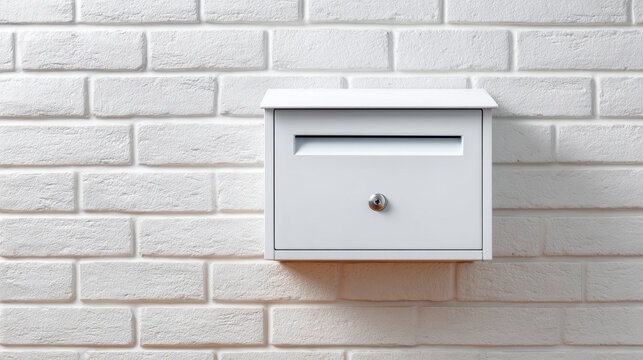White mailbox white brick wall metal mailbox wall mounted front view home exterior postal box lockable mailbox outdoor minimalist design mail slot residential wall facade storage box gray metal