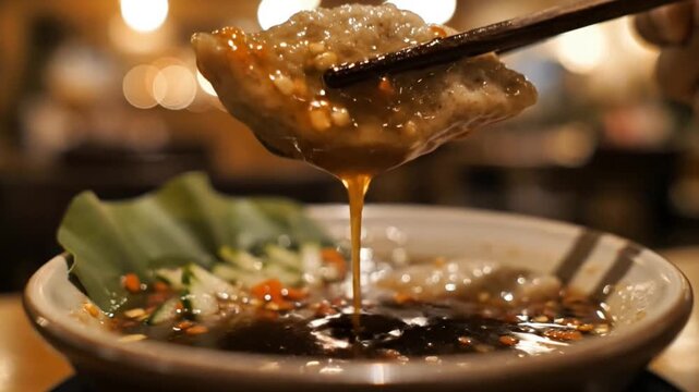 Chopsticks picking up a dumpling from sauce in restaurant