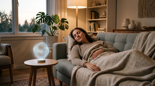 Woman sleeping comfortably on a living room couch under a blanket with a smart home orb device projecting a soft holographic sleep monitor display. Smart living.