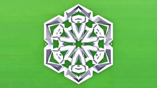 Intricate geometric snowflake patterns slowly rotating against a vibrant green and black background