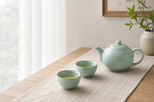 Celadon teapot and two cups on natural linen runner, serene tea time and home decor concept.
