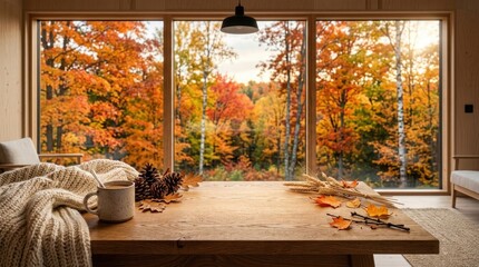 Obraz premium Cozy living room interior with a large window overlooking a beautiful forest landscape during the vibrant autumn season