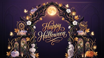 Magical Gothic Halloween Arch with Full Moon and Pumpkins on Purple Background Greeting Banner © Aqua