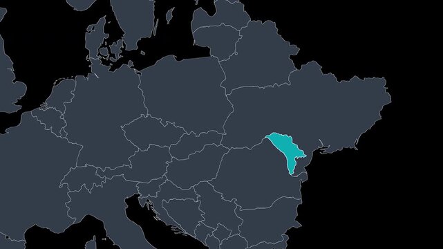 Moldova Highlighted on Europe Map Zoom Country Focus, Alpha Channel 4K