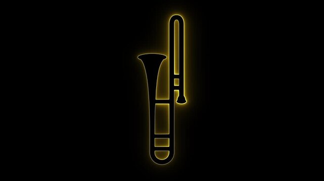 Vibrant glowing yellow neon trombone outline graphic animation. Bright golden brass instrument icon shining on dark background for jazz band, orchestra, concert, sound, and visual audio projects.
