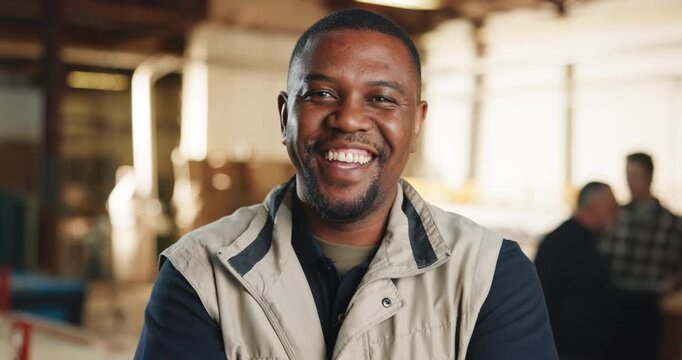 Carpentry, laugh and face of man in workshop for woodworking, timber business and joke. Happy, portrait and carpenter with crossed arms for manufacturing, lumber production and confident for service