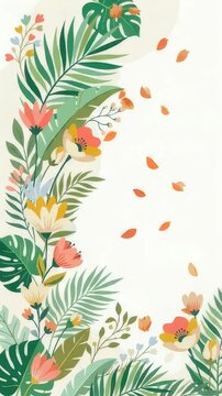 Vertical tropical floral border with green monstera and palm leaves and colorful flowers, falling orange petals in gentle motion.