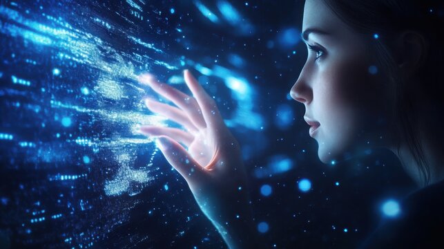 Woman interacts with a glowing digital interface that displays complex data visualizations and abstract network connections while she explores futuristic computing systems in a dark environment.