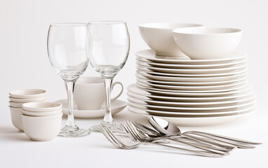 Fototapeta premium Set of clean tableware on white background. Washing dishes