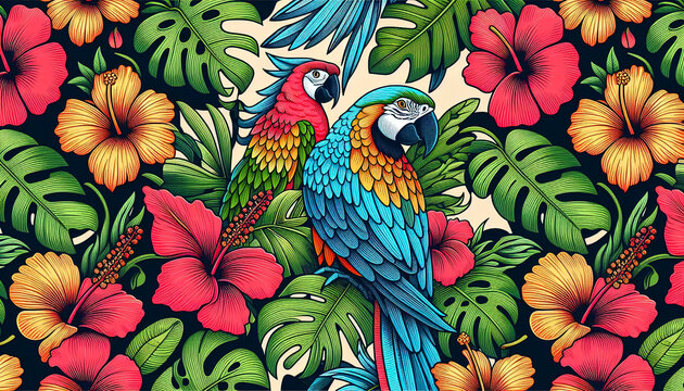 tropical scene with hibiscus monstera and parrot seamless vector pattern with colorful flowers