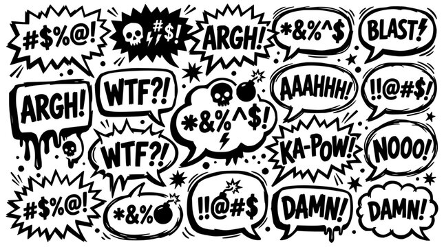 Profanity speech bubbles set with bold typography featuring exclamation marks, asterisks, and symbols with red and black colors and distressed edges