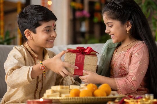 Happy Indian brother giving a beautiful gift box to his sister during Raksha Bandhan celebration. Cute siblings wearing traditional clothes with a tied rakhi bracelet and festive sweets