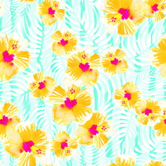Soft tropical floral seamles pattern in pastel color background © AineGing