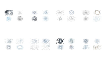 Fototapeta premium Shattered glass bullet holes collection, 32 realistic broken window cracks on white background, damaged glass texture set for composite design