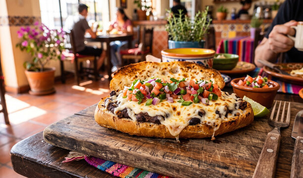 A rich open-faced Mexican Mollete on a rustic wooden cutting board, Toasted bolillo bread roll spread with seasoned refried black beans and bubbling melted Oaxaca cheese, topped with fresh colorful pi