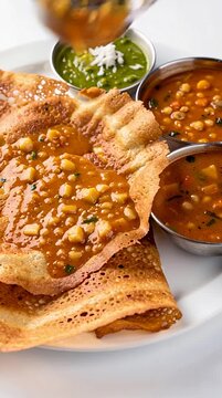 Masala dosa served with spicy lentil sambar and variety of chutneys on white background