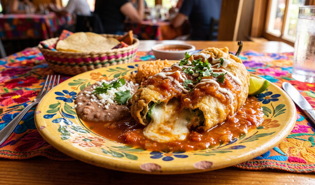A rich fried Chile Relleno pepper served on a rustic yellow Talavera ceramic plate, Large poblano pepper dipped in fluffy egg batter, fried golden-brown, smothered in warm tomato caldillo sauce with o