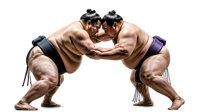 Two sumo wrestlers in traditional stance facing each other with hands clasped on white background concept of competition and athletic strength