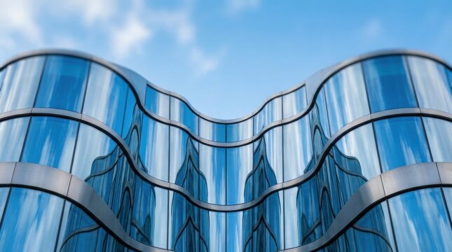 Innovative Architecture: Modern architecture with curved facade reflecting the blue sky 