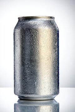 Studio product shot of a generic lager beer can with condensation on a clean white background