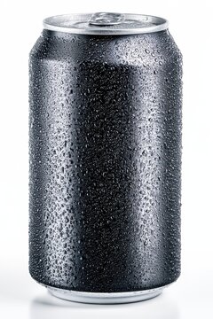 Studio shot of a refreshment can with condensation and glossy metal finish