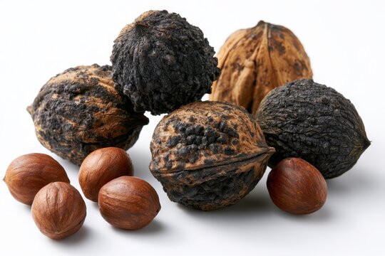 Studio still life of Juglans nigra nuts with husks and kernels displayed on white surface