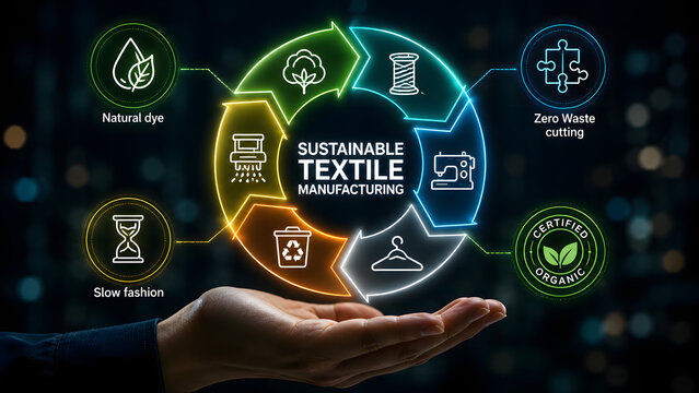 Hand holding glowing sustainable textile manufacturing infographic with eco eco-friendly icons. Circular fashion economy vector concept. Ideal for green garment industry presentations.
