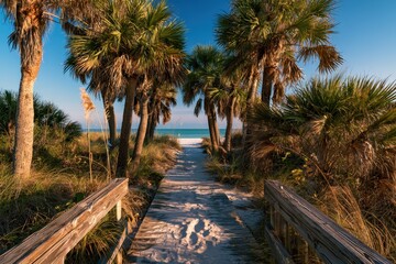 Obraz premium Sunlit boardwalk through tropical palms to turquoise Gulf waters at Honeymoon Island State Park