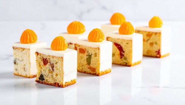 Delicious mini fruitcakes with white frosting and orange candied topping, arranged in a row on a marble surface
