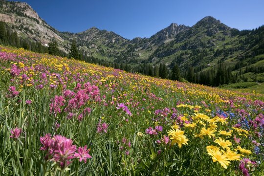 Sunlit alpine meadow in Albion Basin, Utah, a field of vibrant wildflowers under a clear blue sky