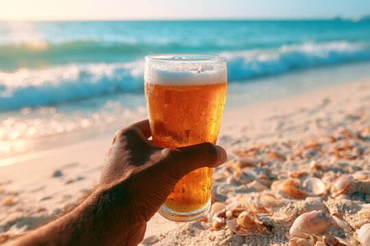 Sunlit beach moment: a cold beer in hand with foamy head and ocean breeze