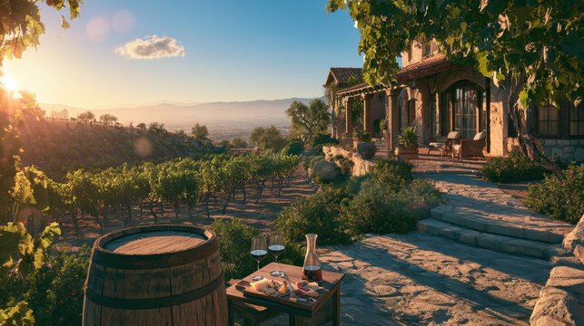 Sunlit grapevines and outdoor tasting area in Temecula wine country countryside