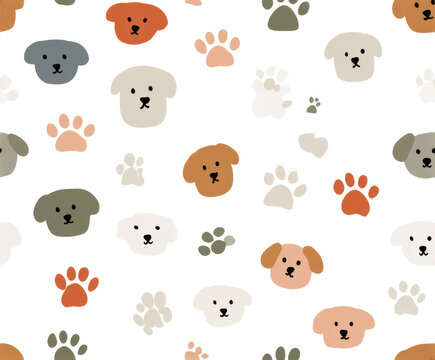 Seamless dog face and paw print pattern in muted color for pet themed fabric and wallpaper