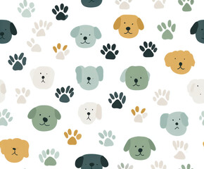 Fototapeta premium Seamless dog face and paw print pattern in muted colors on white background for pet themed fabric wallpaper