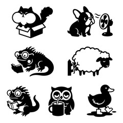 Obraz premium Funny black animal character icons set featuring fat cat in box, french bulldog with fan, reading lizard iguana, sheep on fence, tired owl with coffee cup, and duck with boots vector
