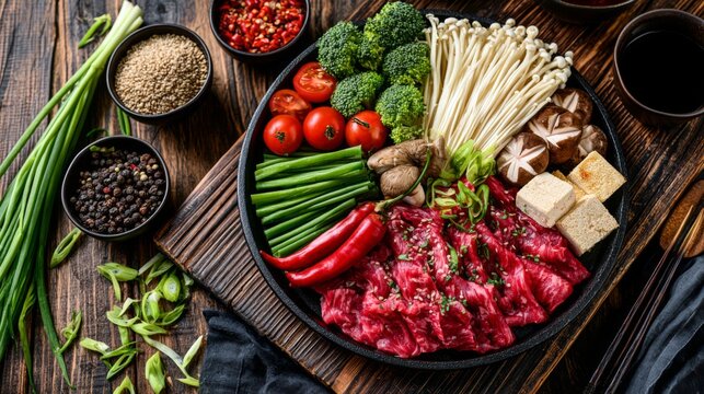 Fresh Ingredients for Asian Hot Pot Preparation with Colorful Vegetables and Slices of Beef on Wooden Table
