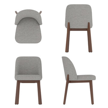 Dining chair 3D Rendering Stock Illustration on transparent background, top view, side view and front view.
