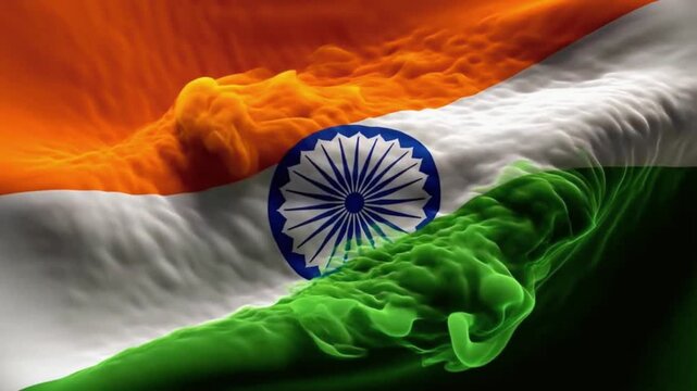 Close-up of the Indian Flag Waving with Vibrant Colors and Ashoka Chakra.